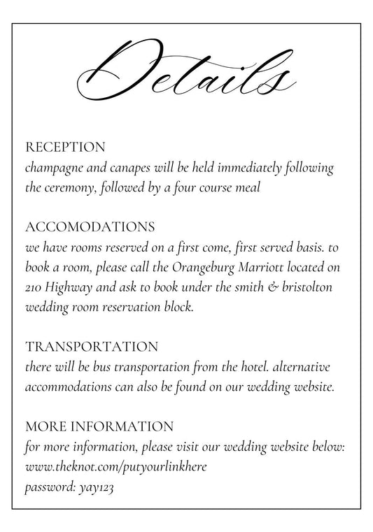 Minimalist Elegant Wedding DETAILS Template Customizable