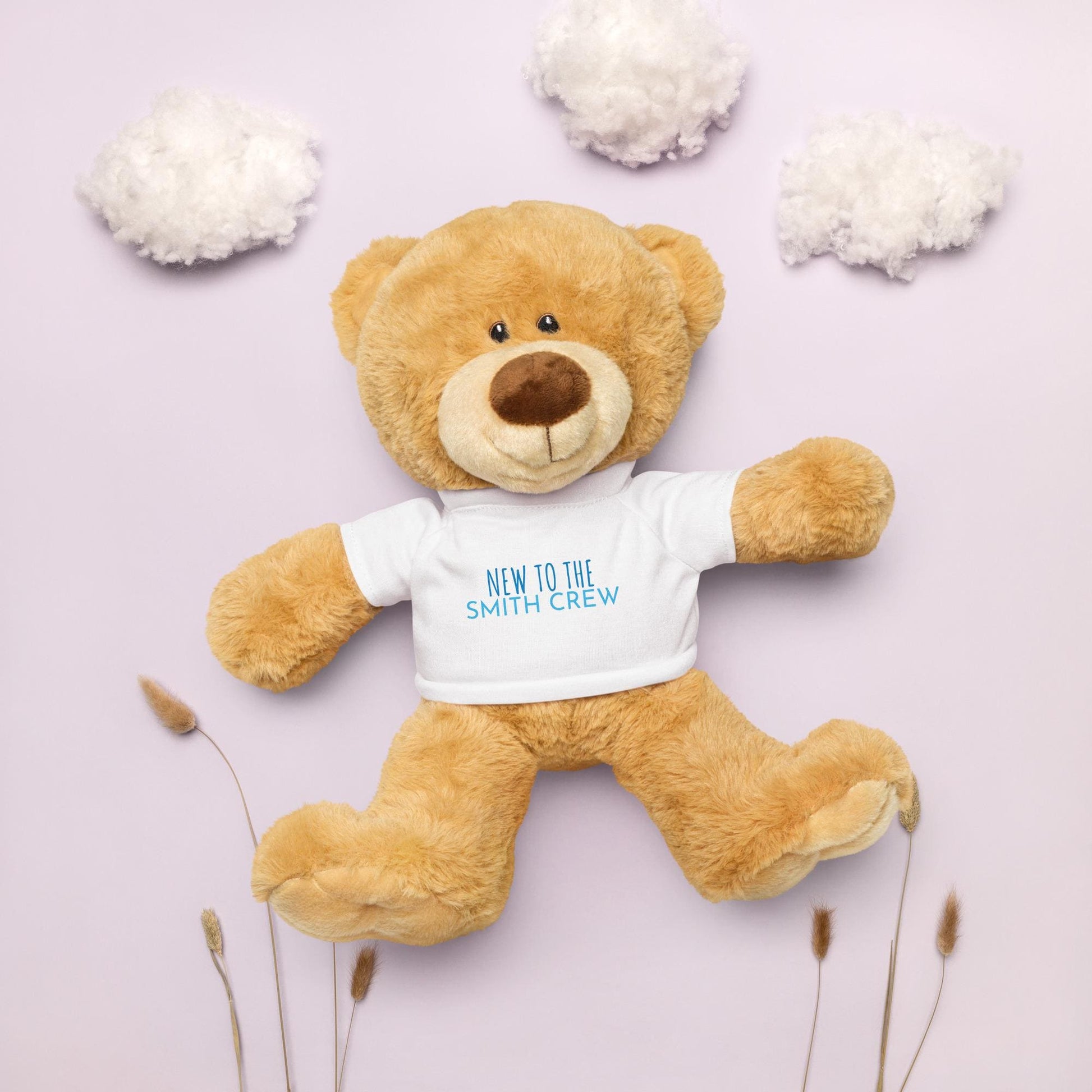 Custom Personalized, &quot;New to the crew&quot; Teddy bear with a t-shirt