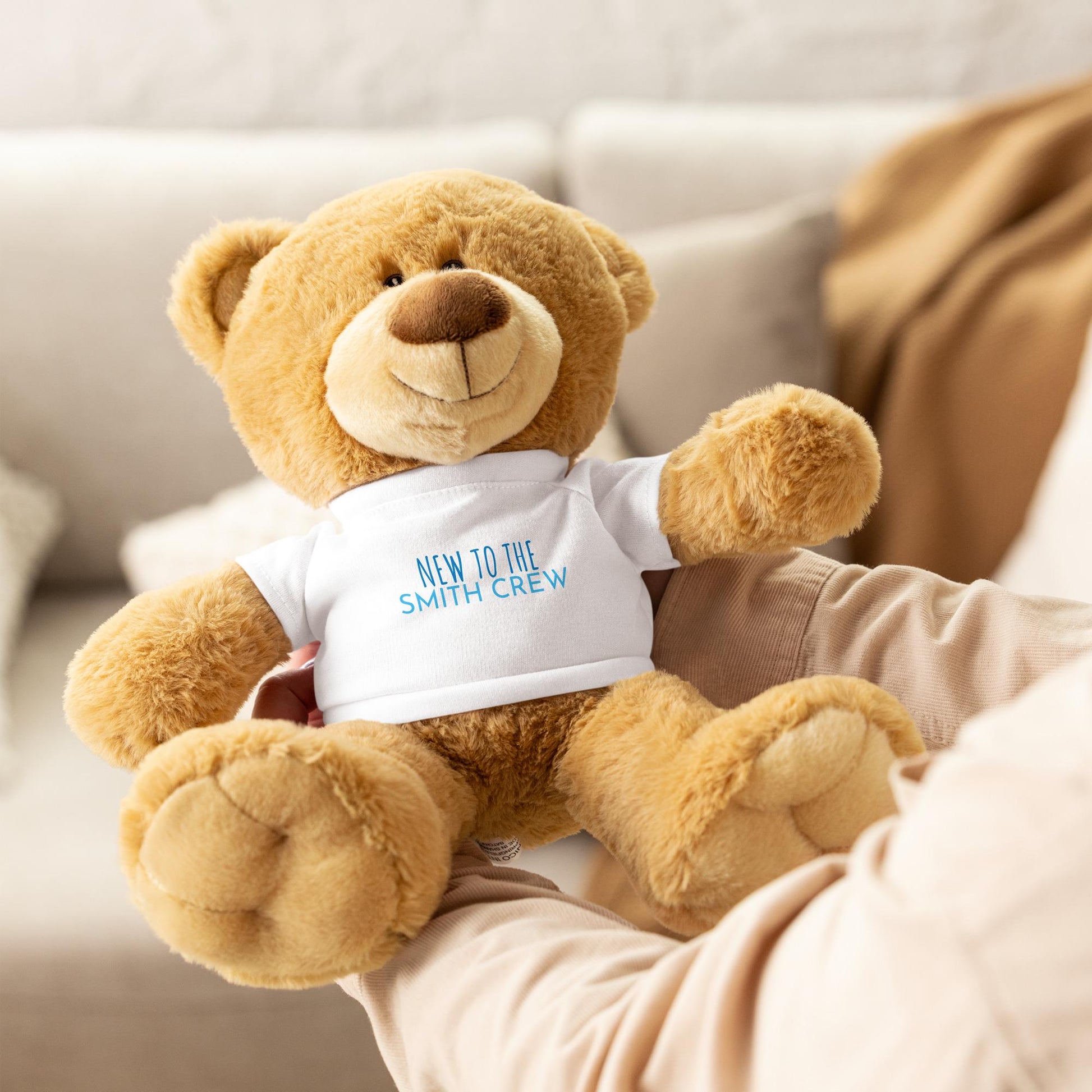 Custom Personalized, &quot;New to the crew&quot; Teddy bear with a t-shirt