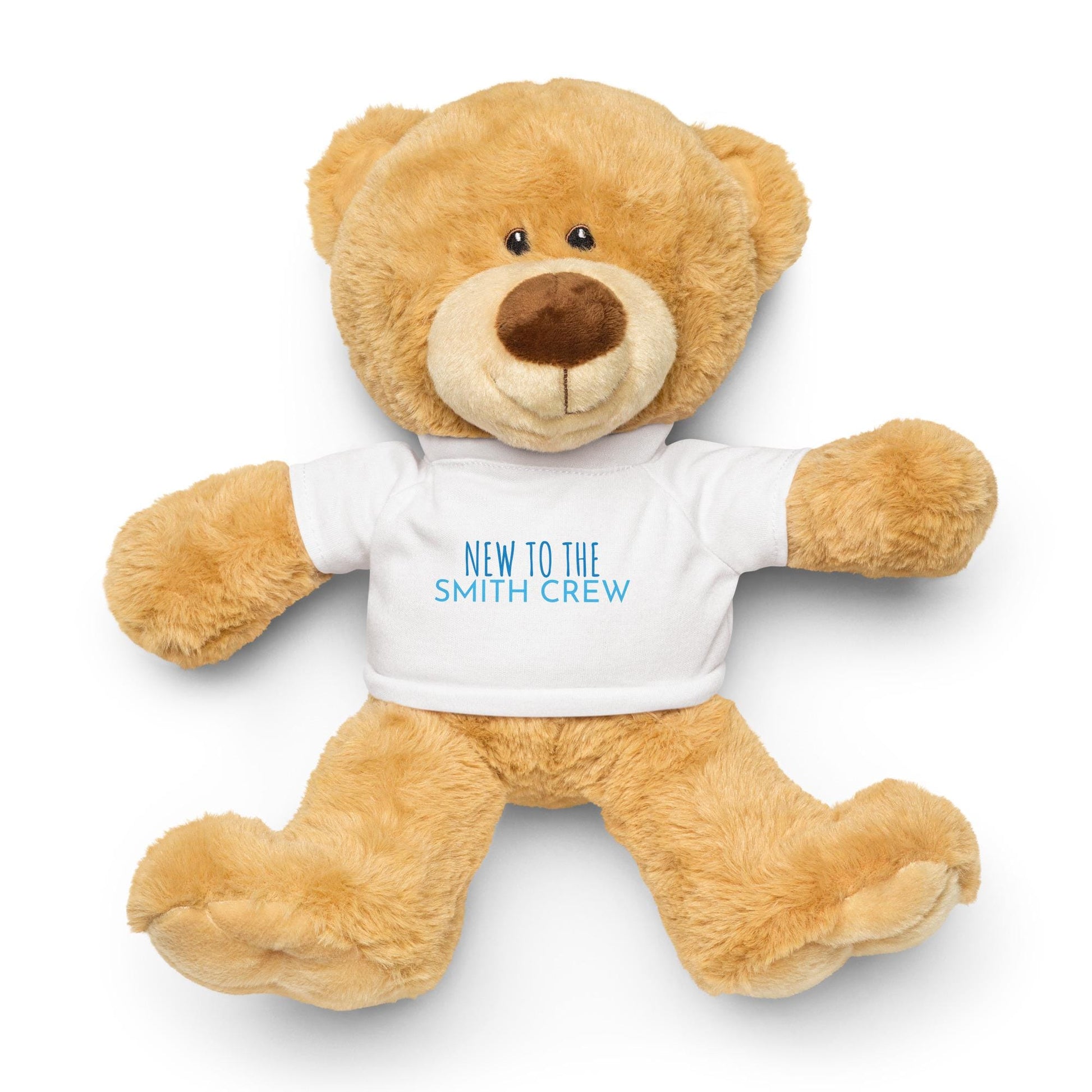 Custom Personalized, &quot;New to the crew&quot; Teddy bear with a t-shirt